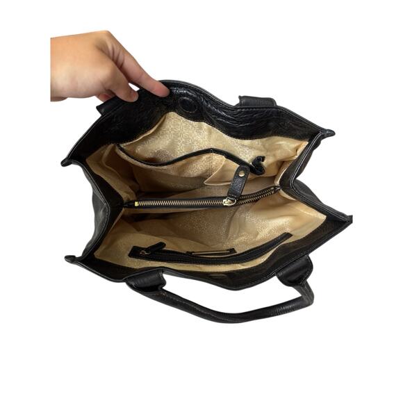 Johnston & Murphy Black Leather Tote Bag Purse Gold Logo Charm | Large Interior - Picture 7 of 8